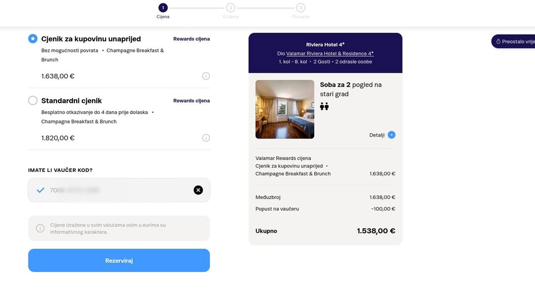 Unos imena i maila za Valamar vaučer popust 100 eura na rezervaciju poklon bon